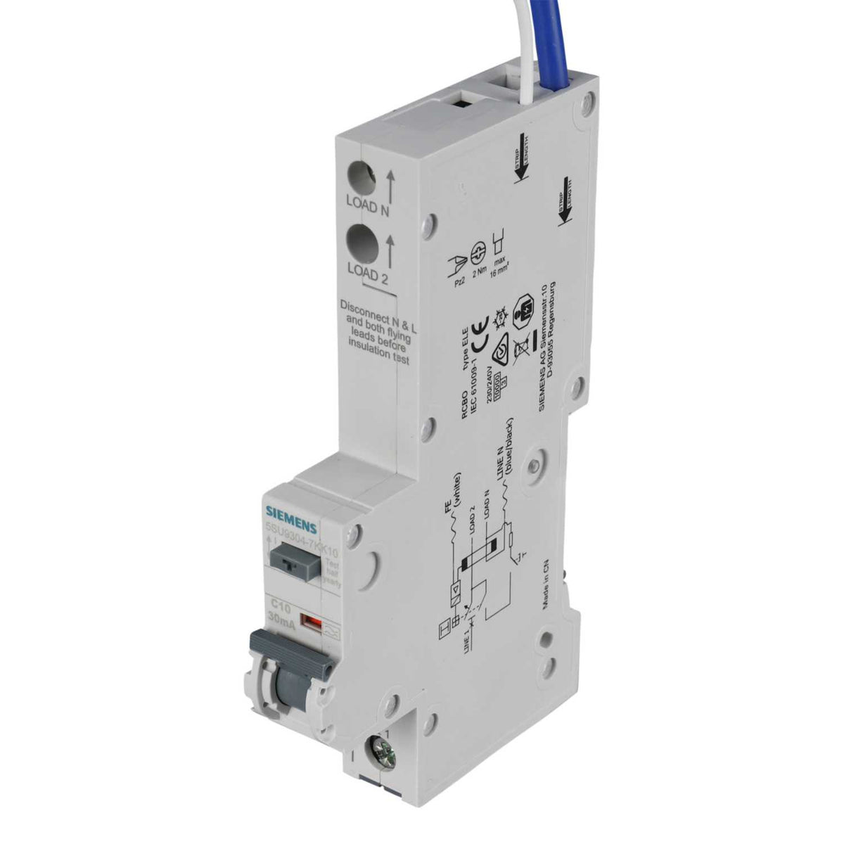 سلسلة Siemens 5SU9304-1KK RCBO | قاطع تيار تفاضلي مع حماية من التيار الزائد (RCBO) أحادي القطب + محايد، 10 كيلو أمبير، 30 مللي أمبير، 16 أمبير إلى 40 أمبير تيار متردد/نوع A، مفتاح أمان مدمج