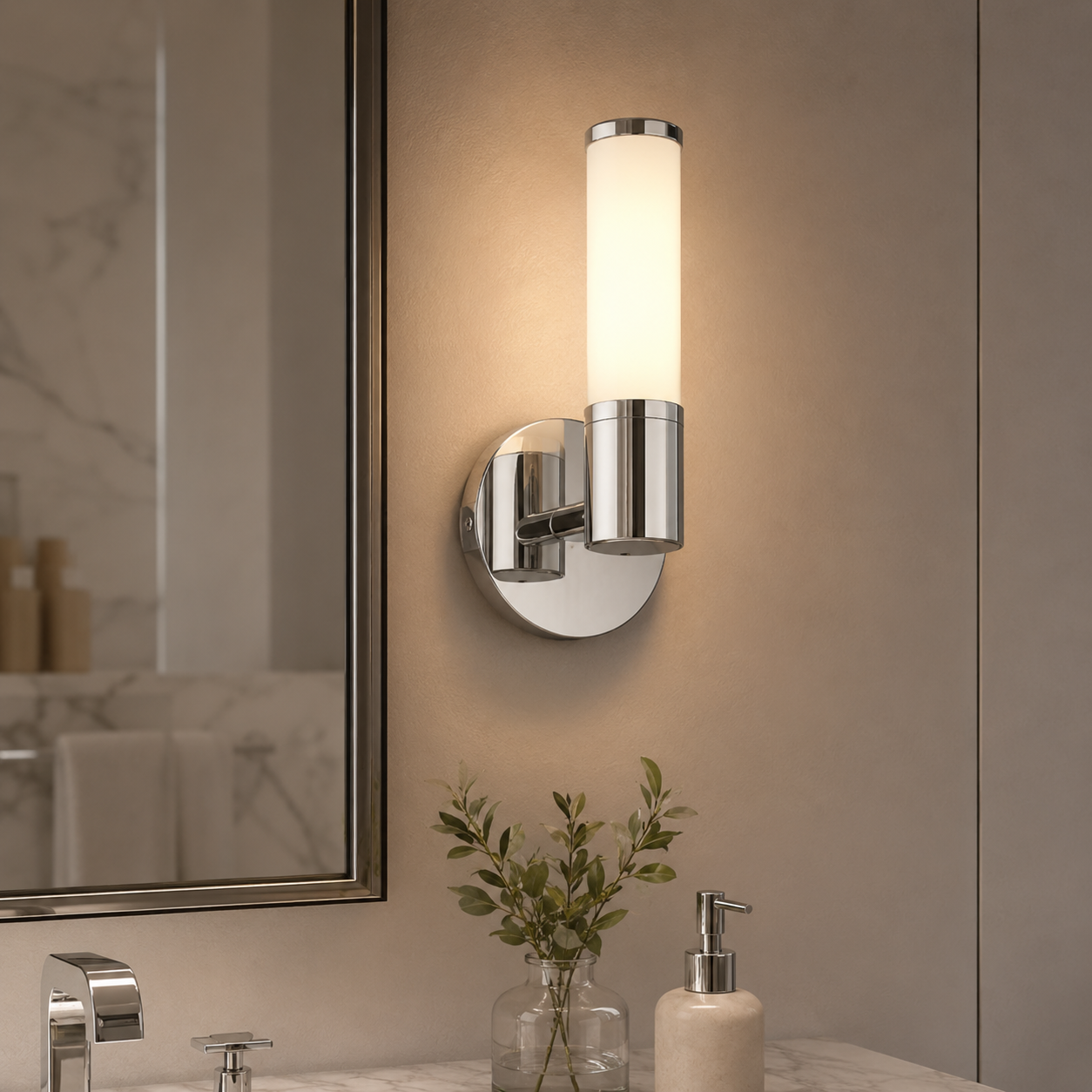 Applec Circular Back Plate with Extending Arm In Satin Nickel Finish with Cylindrical Matt Opal White Glass Shades 4.5W 3000K - Warm White IP44 Outdoor Wall Light | Outdoor Wall Lighting