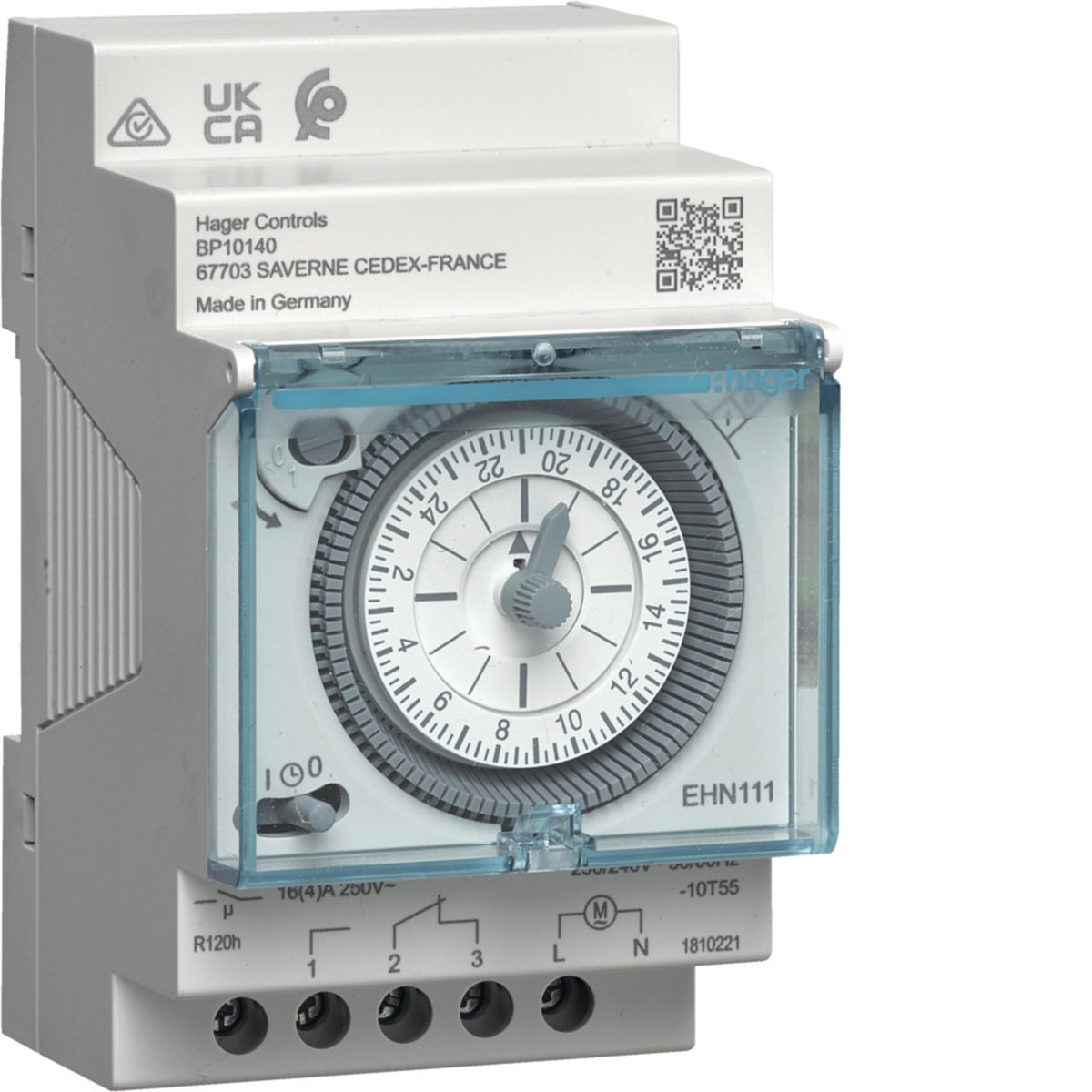 Hager EHN111 24-hour analogue time switch, 16A 230V DIN rail, 120-hour battery reserve