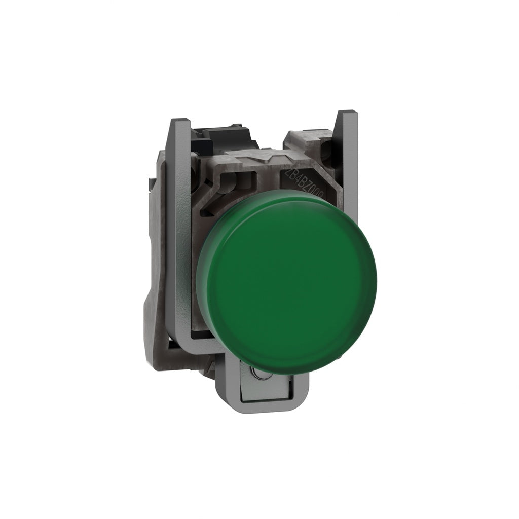 Schneider XB4BVM3 green pilot light with metal housing, Ø22, plain lens, integral LED, 230–240 VAC