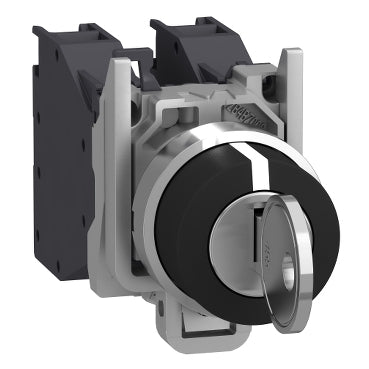 Schneider Electric XB4BG33 metal key switch selector, black with silver bezel, Ø22, 3-position, 2 NO