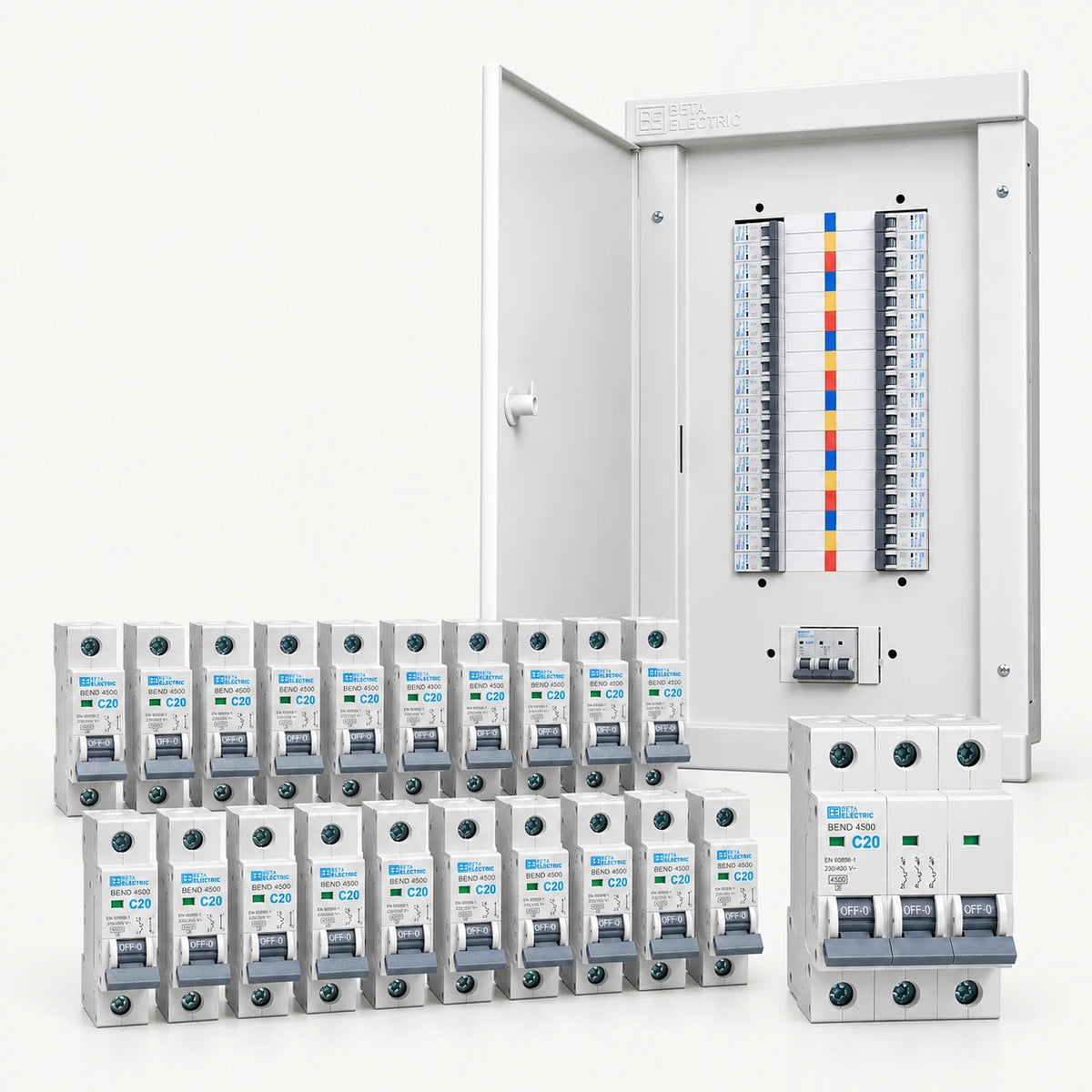 باقة تأسيس كهرباء بيتا — لوحة توزيع بيتا ببارات مع قواطع كاملة | Beta Foundations Bundle: distribution board with full MCB set
