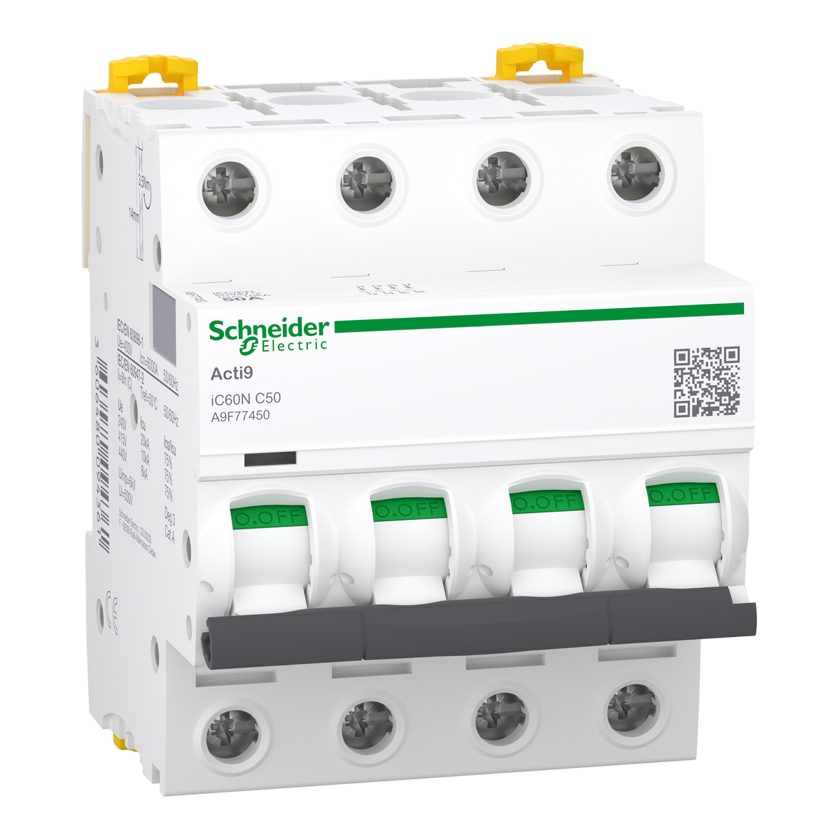 شنايدر إلكتريك Schneider A9F77450 Acti9 iC60N MCB قاطع أوتوماتيك, 4P 4 قطب, 50 أمبير, منحنى C | قاطع MCB أوتوماتيك