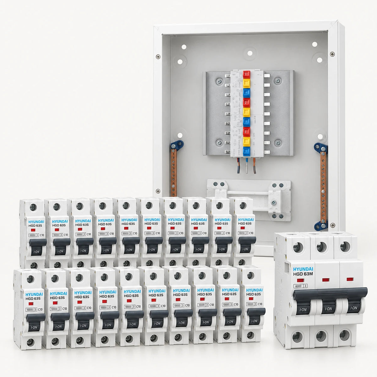 باقة تأسيس كهرباء هيونداي — لوحة ستار ترانس ببارات مع قواطع هيونداي HGD | Hyundai Foundations Bundle: Star Trans busbar board with Hyundai HGD MCBs
