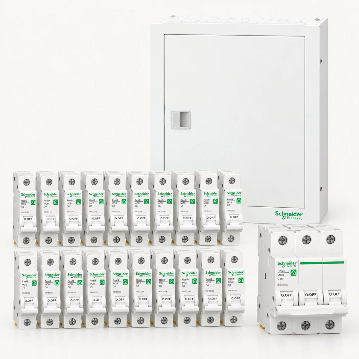باقة تأسيس كهرباء شنايدر — لوحة شنايدر Acti9 مع قواطع Resi9 وiK60N | Schneider Foundations Bundle: Acti9 board with Schneider MCBs