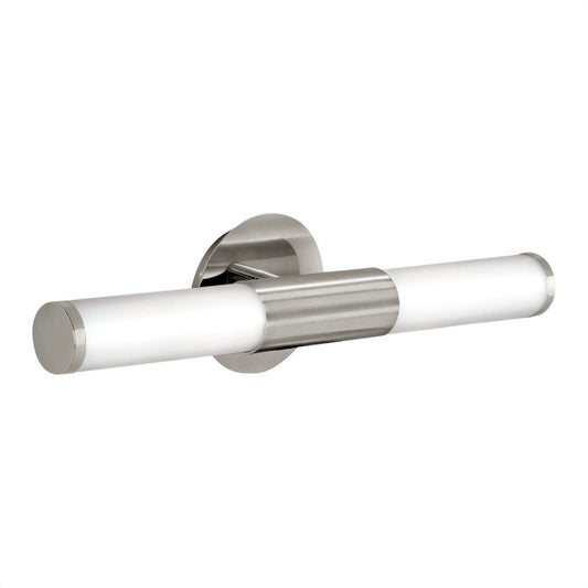 Applec 171731 Circular Back Plate with Extending Arm In Satin Nickel Finish with 2 Cylindrical Matt Opal White Glass Shades 2*e14 IP44 Outdoor Wall Light | Outdoor Wall Lighting - SKU 171731