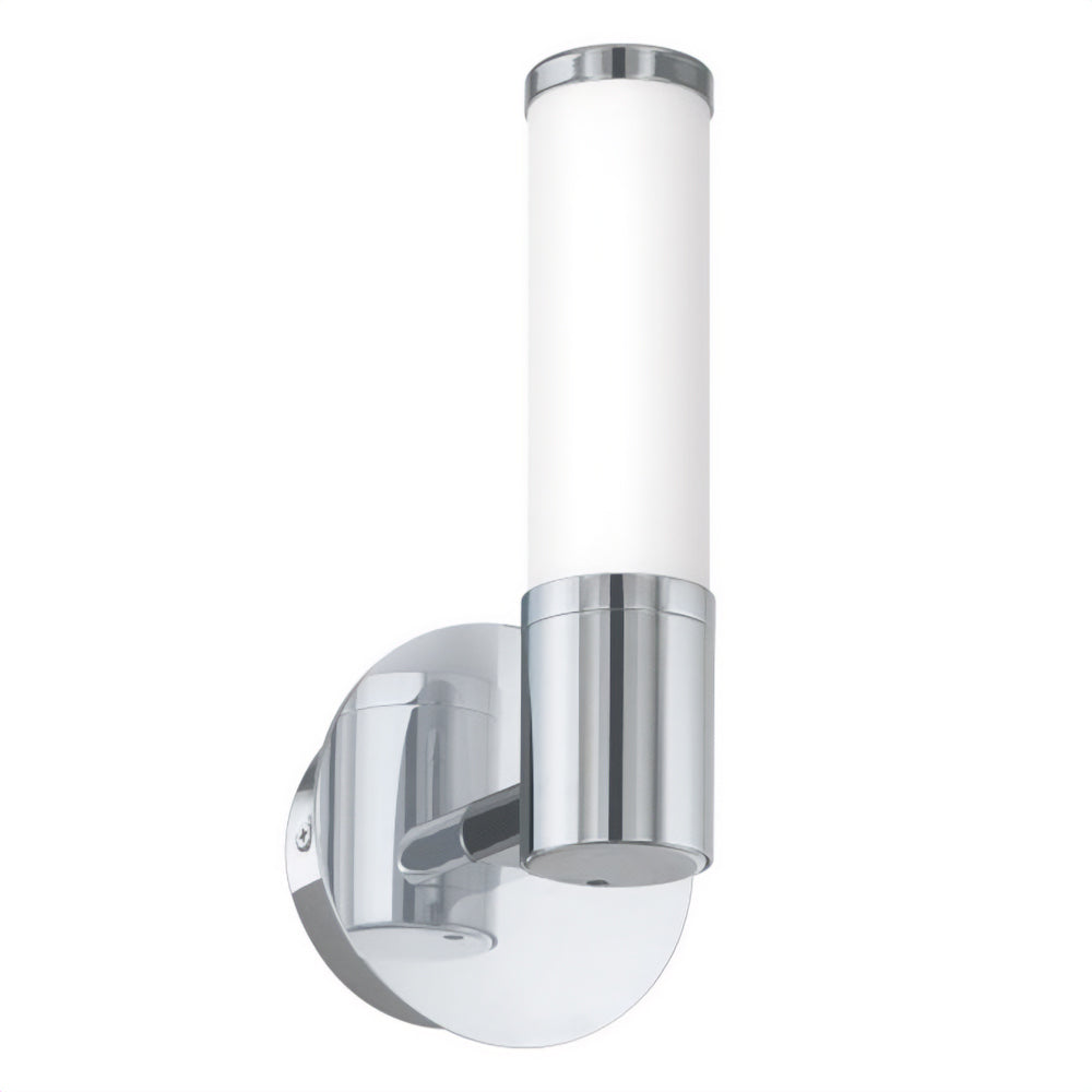 Applec 173169 Circular Back Plate with Extending Arm In Satin Nickel Finish with Cylindrical Matt Opal White Glass Shades 4.5W 3000K - Warm White IP44 Outdoor Wall Light | Outdoor Wall Lighting - SKU 173169