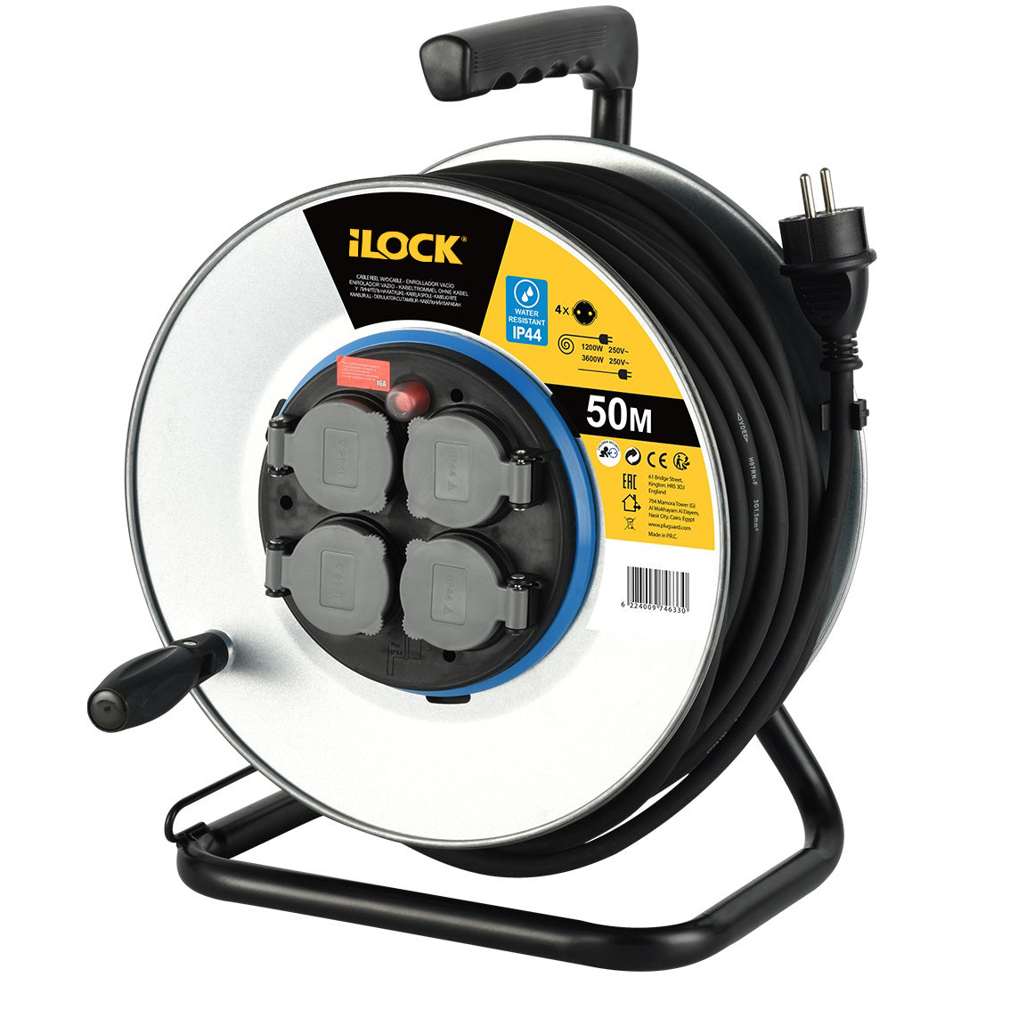 آي لوك iLock معدن كابل Reel مع 4 Schuko برايز / سوكتات و Extension Cord 50 متر | Extension Cord لـ كهرباء Installations - SKU آي لوك iLock-4034