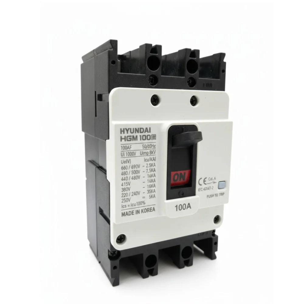 هيونداي Hyundai HGM MCCB قاطع اتوماتيك ثلاثي الأقطاب 3P 3 قطب 16kA قدرة قطع AF100 – قاطع MCCB اتوماتيك علبة مصبوبة 32–100 أمبير, Fixed Type (HG-Series)