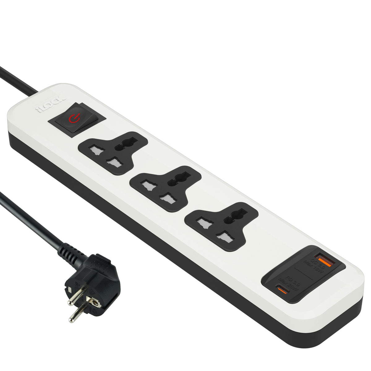 آي لوك iLock يونيفرسال مشترك كهرباء مع 3 مخارج كهرباء & 2 USB Ports (USB-C + USB-A) | Fast Charging | 2 متر | مشترك كهرباء لـ الرئيسية & Office - SKU آي لوك iLock-10740