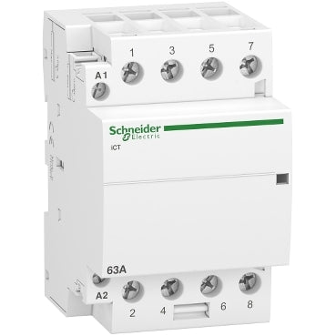 Schneider Electric Acti9 iCT مفتاح تلامس معياري A9C20864 | 4 أقطاب، 4NO، 63 أمبير، ملف تيار متردد 220-240 فولت، مفتاح طاقة بقفل عن بعد