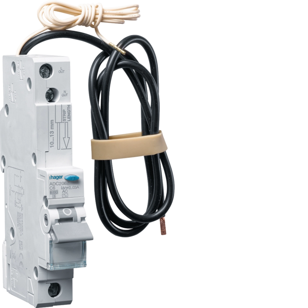 هاجر Hager هاجر Hager-adc-RCBO قاطع تسريب مع حماية-1pn-6kA قدرة قطع-c-منحنى-30ma-type-AC تيار متردد product image