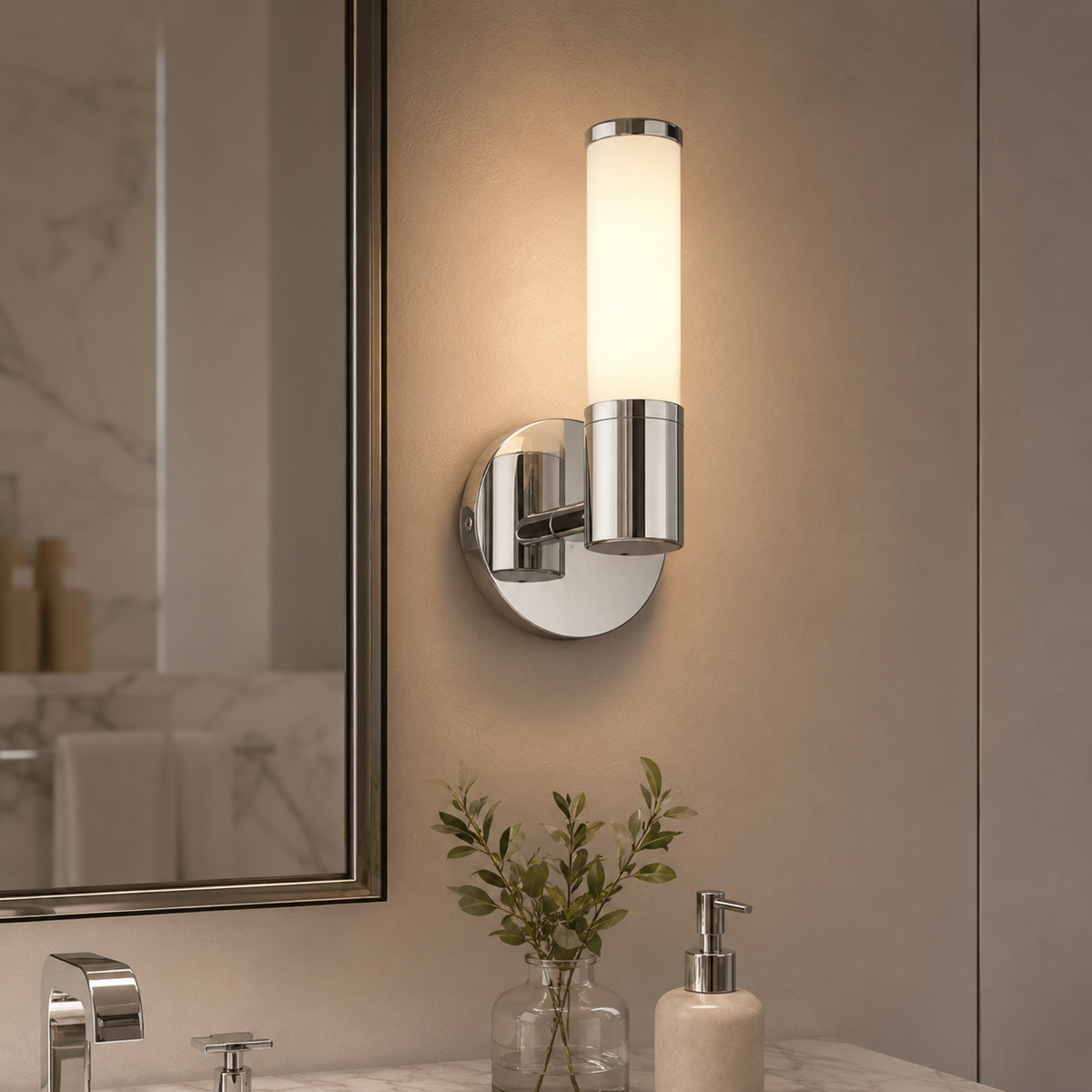 Applec Circular Back Plate with Extending Arm In Satin Nickel Finish with Cylindrical Matt Opal White Glass Shades 4.5W 3000K - Warm White IP44 Outdoor Wall Light | Outdoor Wall Lighting