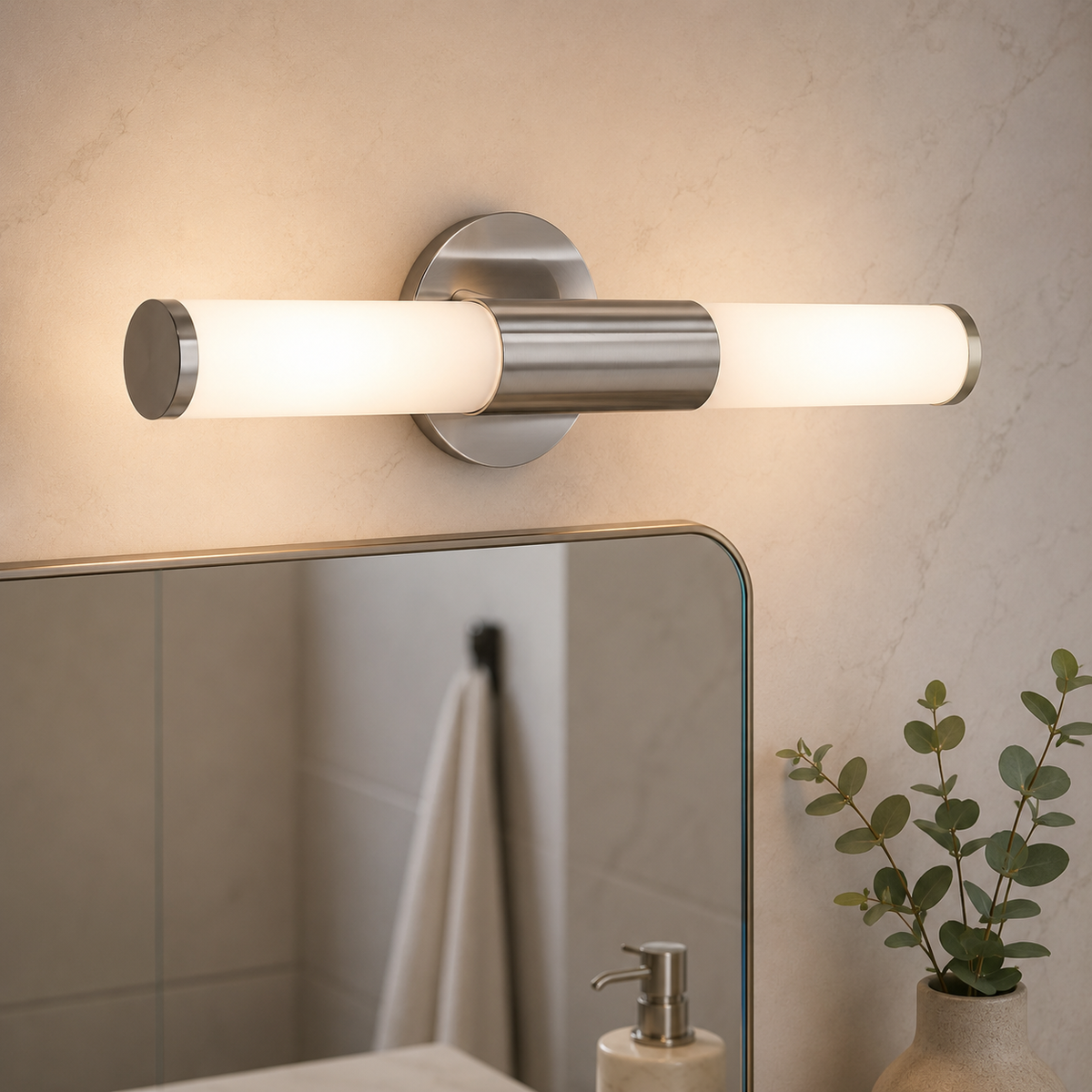 Applec Circular Back Plate with Extending Arm In Satin Nickel Finish with 2 Cylindrical Matt Opal White Glass Shades 2*e14 IP44 Outdoor Wall Light | Outdoor Wall Lighting