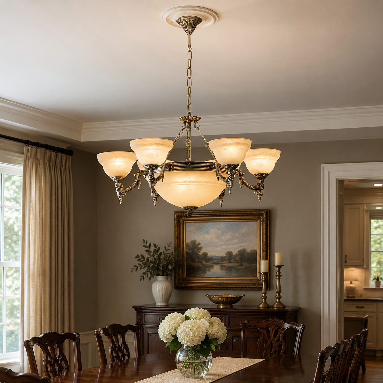 Bronze Metal and Alabaster Glass Pendant Light | Decorative Indoor Lighting