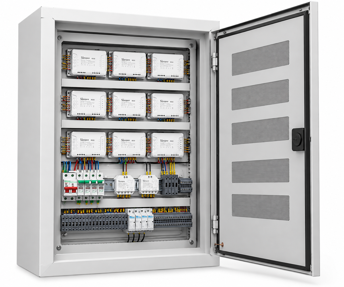 Star Trans iPanel smart home distribution panel enclosure with an illustrative internal layout; smart devices, breakers and wiring are not included