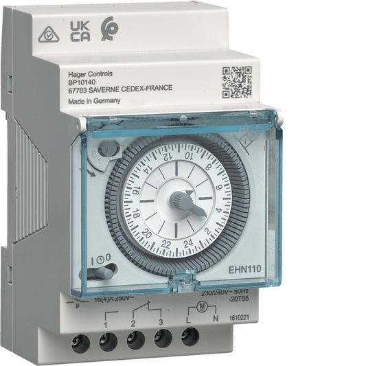Hager EHN110 24-hour analogue time switch, 16A 230V DIN rail, without battery reserve