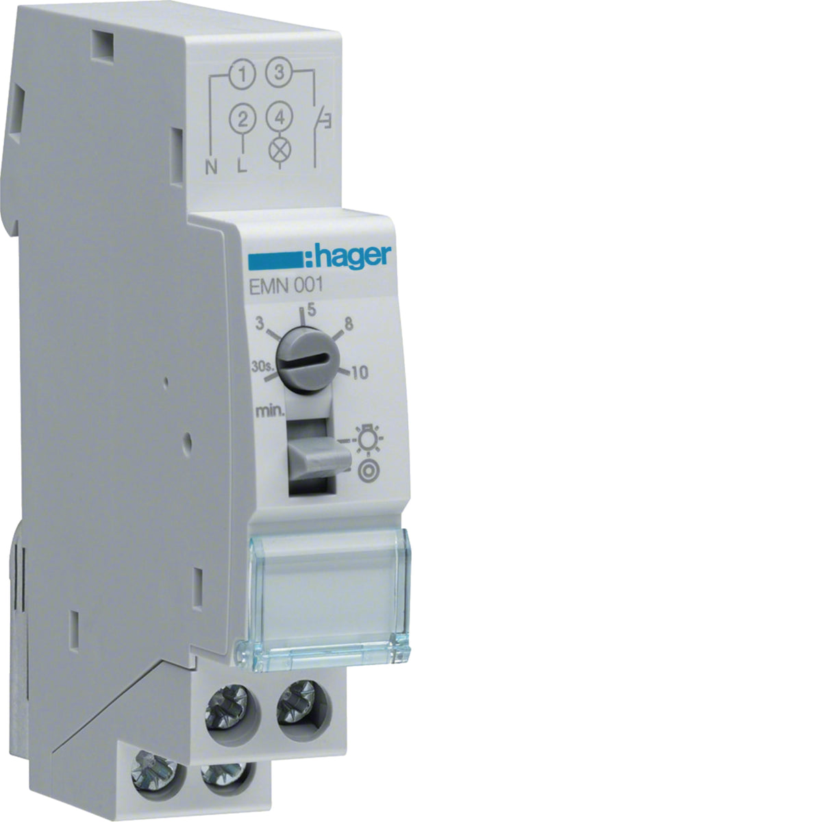 Hager EMN001 staircase timer switch, 16A 230V DIN rail, adjustable 30 seconds to 10 minutes