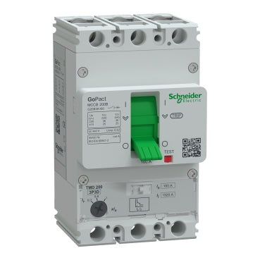 G20F3A160 | قاطع الدائرة الكهربائية، GoPact MCCB 200، 3 أقطاب، 36 كيلو أمبير عند 415 فولت تيار متردد، تصنيف 160 أمبير، وحدة فصل TMD، حماية حرارية قابلة للتعديل