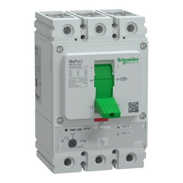 شنايدر إلكتريك قاطع MCCB GoPact MCCB G25B3A250 | ثلاثي الأقطاب، 250 أمبير، 25 كيلو أمبير، قاطع حراري مغناطيسي قابل للتعديل