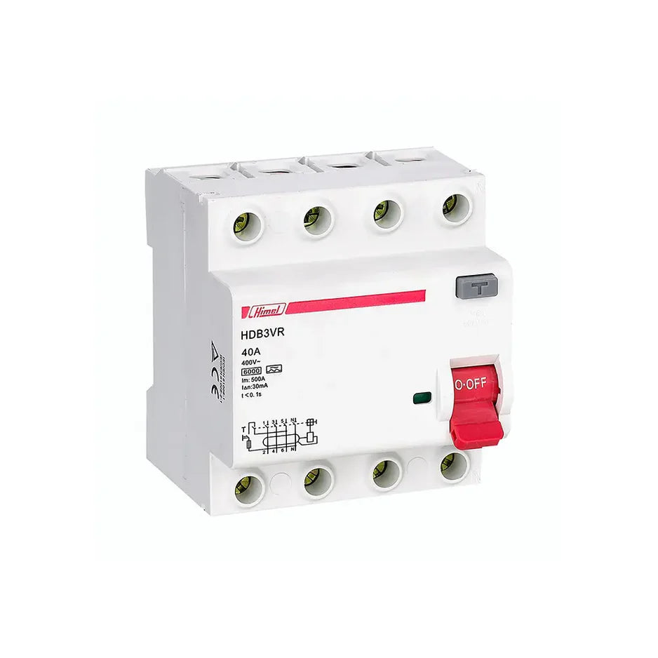 سلسلة قواطع التيار المتبقي (RCCB) طراز Himel HDB3VR | حماية بشرية 30 مللي أمبير، 6 كيلو أمبير، نوع AC، نطاق تيار متبقي 2P و 4P