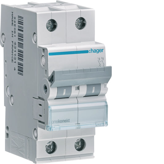 Hager MC Series 2-Pole 6kA Miniature Circuit Breaker (MCB) Range | 10A to 63A, C Curve Phase + Neutral Three-Phase Distribution Incomers
