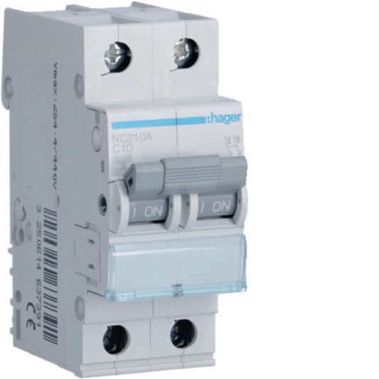 Hager NF Series 2-Pole 10kA Miniature Circuit Breaker (MCB) Range | 10A to 63A, C Curve High Breaking Capacity Phase + Neutral Industrial Incomers