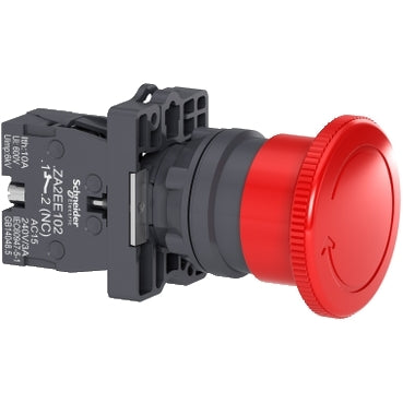 XA2ES542 Schneider emergency stop button with red Ø22 40mm mushroom head and grey housing; turn-to-release, 1NC.
