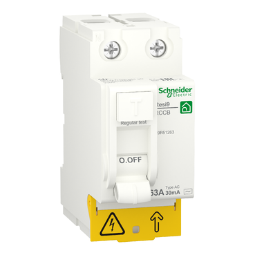 Schneider Electric Resi9 RCCB | R9R51225-R9R51463, 2P/4P, 25A-63A, 30mA AC Type