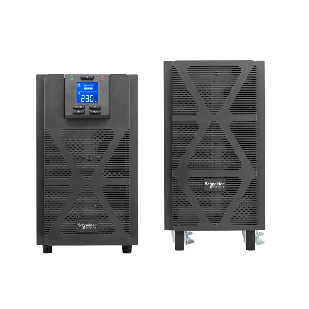 SRVS3KIL | APC Easy UPS On-Line، بقدرة 3 كيلوفولت أمبير/2400 واط، برج، 230 فولت، 6 مخارج IEC C13 + مخرج IEC C19 واحد، فتحة بطاقة ذكية، شاشة LCD، وقت تشغيل ممتد
