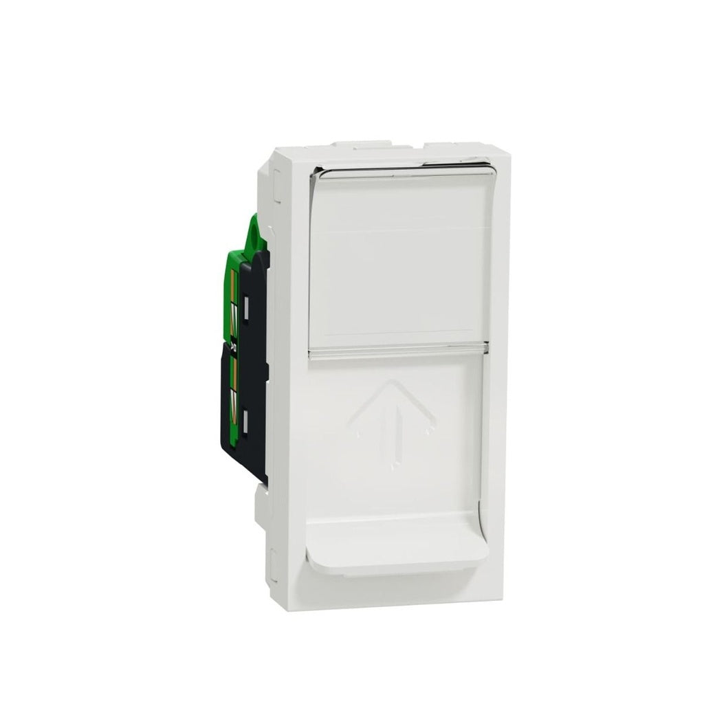 Schneider NU341418 New Unica | مقبس بيانات، New Unica، آلية، RJ45، U/UTP، مستقيم، كبس، بمصراع، أبيض