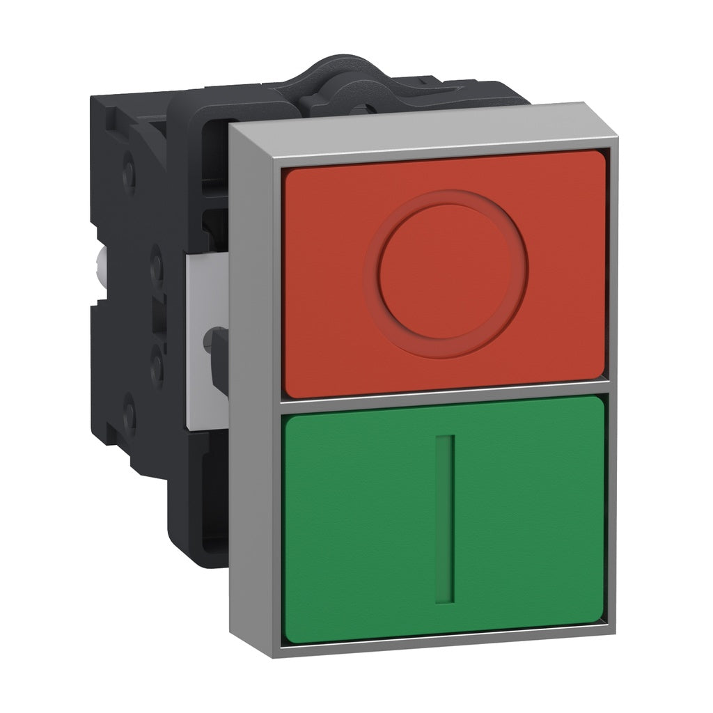 Schneider Harmony 22mm double-headed push button, red I and green O, 1NO+1NC, plastic housing