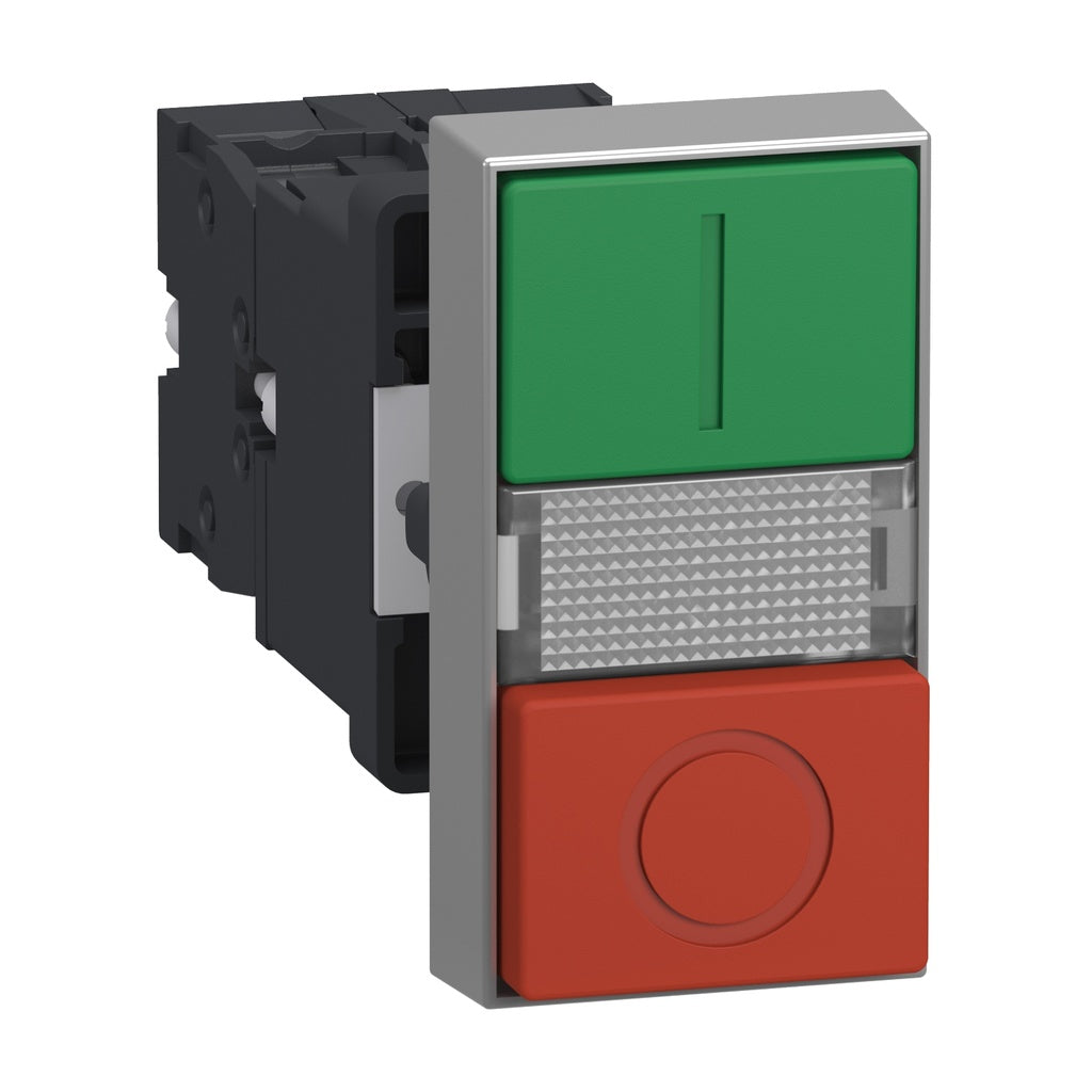 Schneider Harmony illuminated dual-button push button XA2, 22mm plastic, green I + red O, 220-230V AC, 1NO+1NC