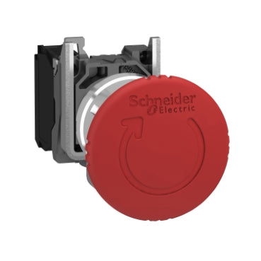 Emergency stop button by Schneider Electric, red mushroom head, metal housing, Ø40, Ø22, 1NC, latching turn-to-release