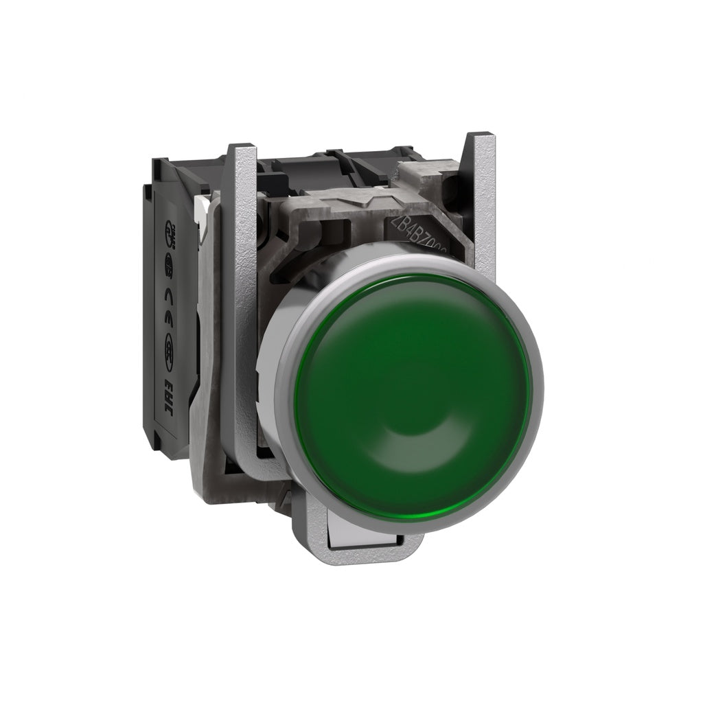 XB4BW33M5 illuminated push button, green, metal housing, flush mount, Ø22, spring return, 230-240 V AC, 1 NO + 1 NC