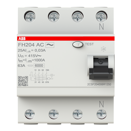 ABB 2CSF204006R1250 | FH204 AC-25/0.03 RCCB RCD Residual Current Devices | 25 A, 4P, 30 mA - ABB part number 2CSF204006R1250