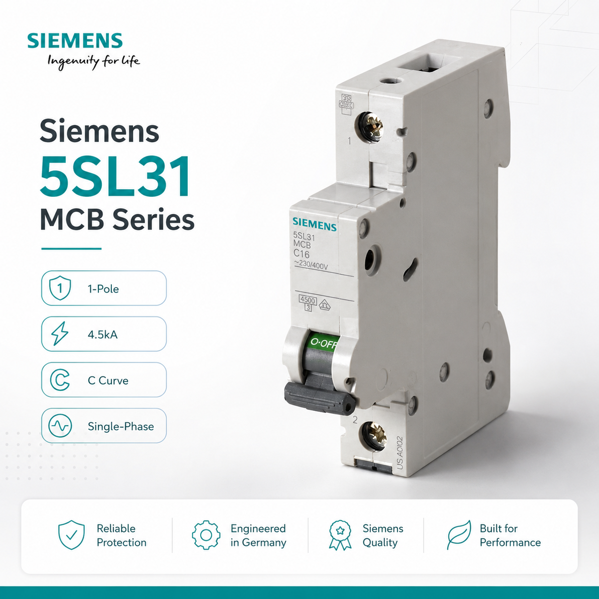 Siemens 5SL31 MCB Series | 1-Pole, 4.5kA, C Curve, Single-Phase Residential & Commercial Modular Range