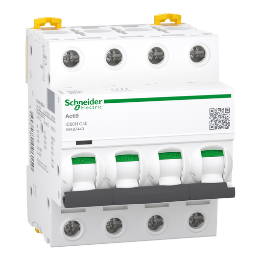 Schneider Electric A9F87440 Acti9 iC60H MCB, 4P, 40A, C Curve, 15kA | Miniature Circuit Breaker