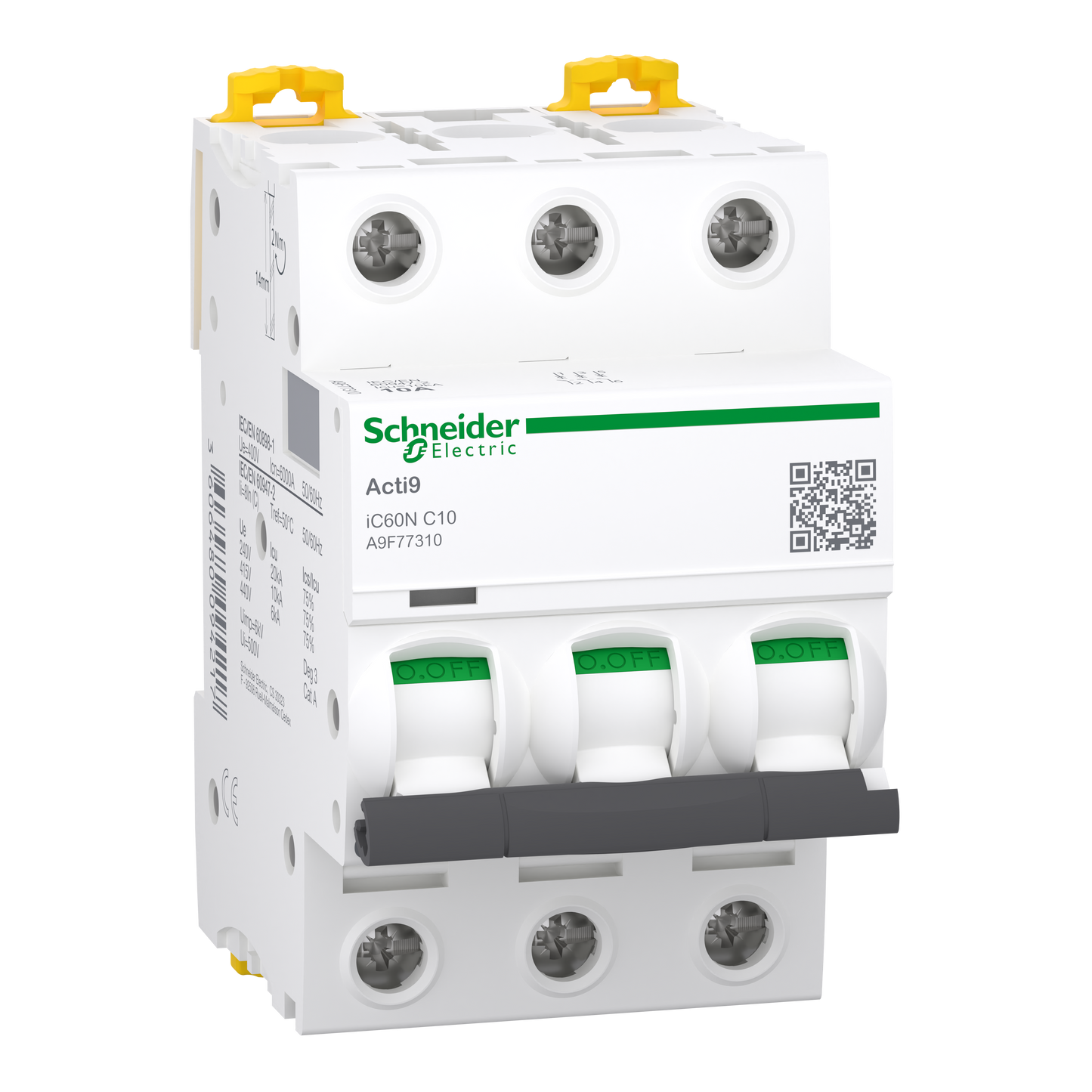 شنايدر إلكتريك Schneider A9F77310 Acti9 iC60N MCB قاطع أوتوماتيك, 3P 3 قطب, 10 أمبير, منحنى C | قاطع MCB أوتوماتيك