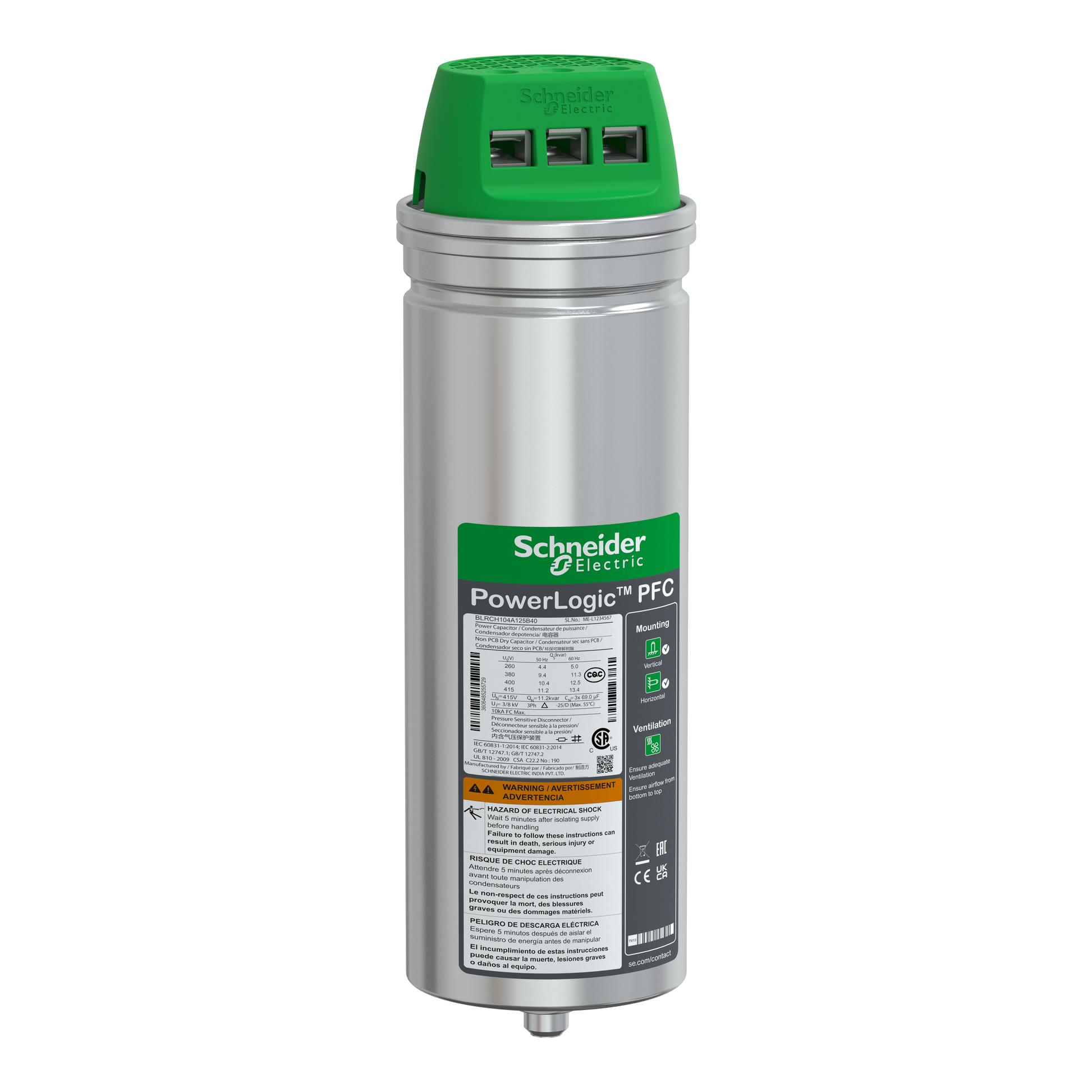 شنايدر إلكتريك Schneider BLRCH104A125B40 VarPlus Can HDuty Capacitor - 10.4/12.5 kvar - 400 فولت - 50/60 هرتز
