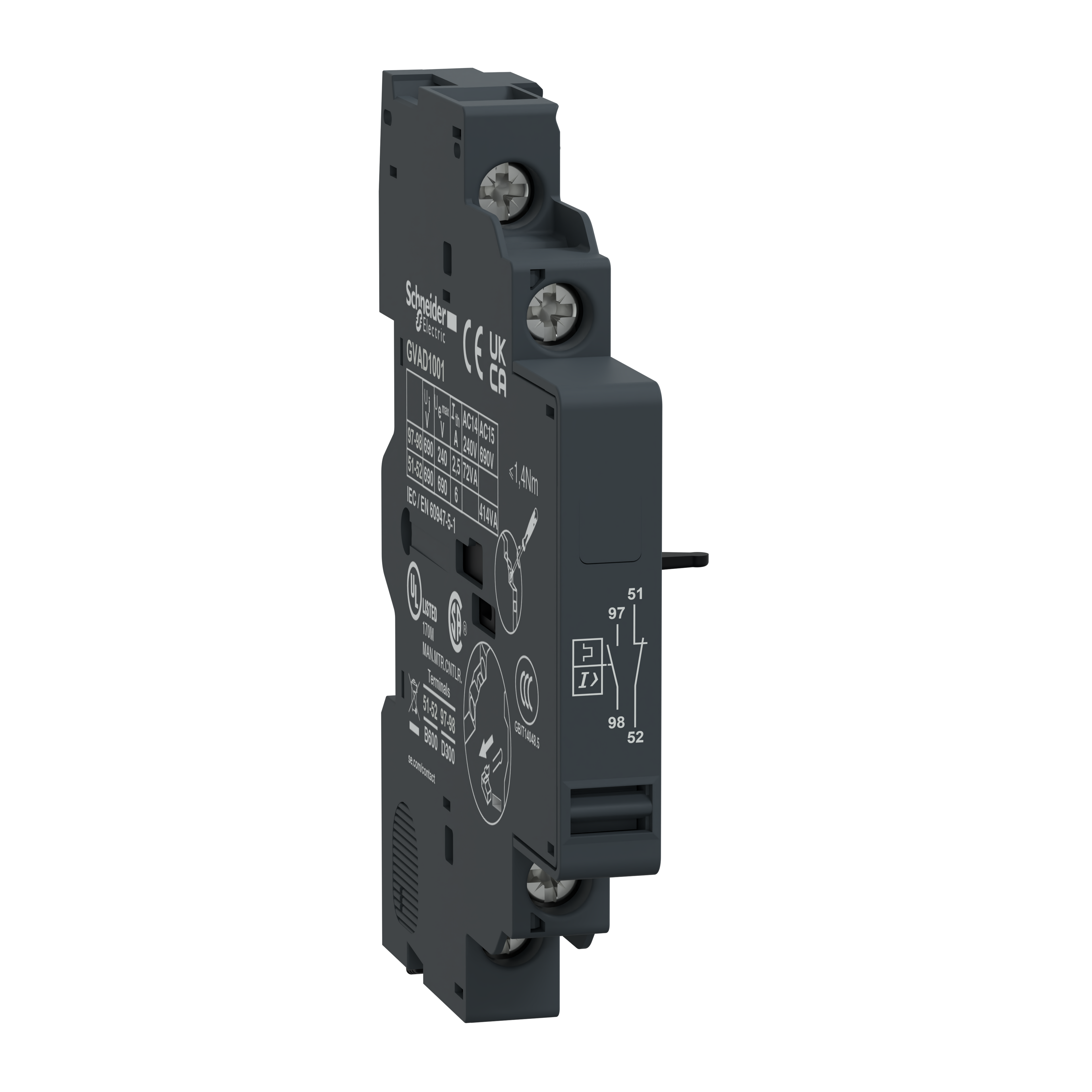 Schneider Electric GVAD1001 TeSys GV2/GV3 Auxiliary Contact 1 NC + 1 NO (FAULT)