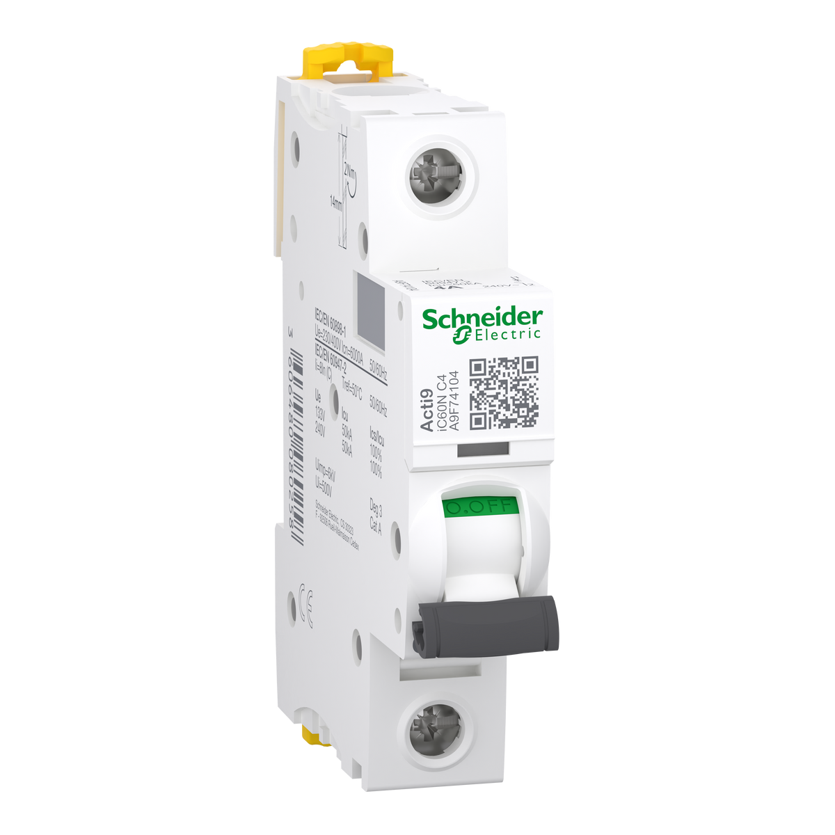 Schneider Electric A9F74104 Acti9 iC60N MCB, 1P, 4A, C Curve, 50kA | Miniature Circuit Breaker