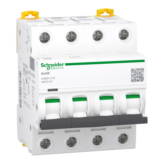 Schneider Electric A9F87410 Acti9 iC60H MCB, 4P, 10A, C Curve, 15kA | Miniature Circuit Breaker