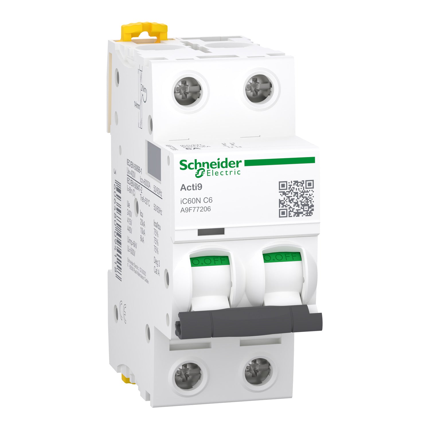 شنايدر إلكتريك Schneider A9F77206 Acti9 iC60N MCB قاطع أوتوماتيك, 2P 2 قطب, 6 أمبير, منحنى C | قاطع MCB أوتوماتيك
