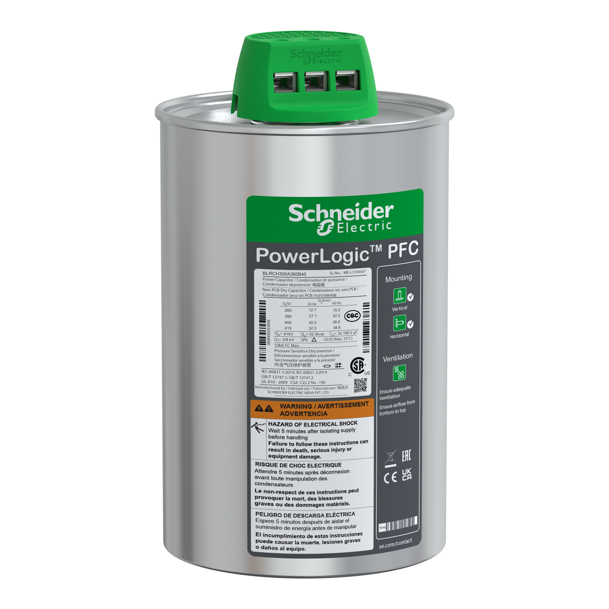 شنايدر إلكتريك Schneider BLRCH300A360B40 VarPlus Can HDuty Capacitor - 30/36 kvar - 400 فولت - 50/60 هرتز
