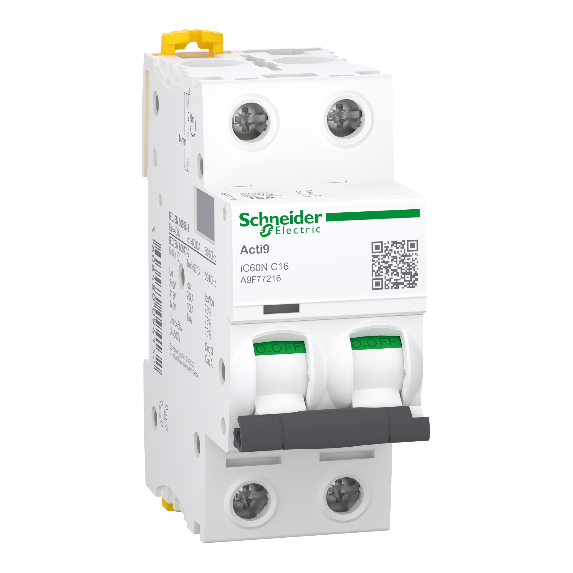 شنايدر إلكتريك Schneider A9F77216 Acti9 iC60N MCB قاطع أوتوماتيك, 2P 2 قطب, 16 أمبير, منحنى C | قاطع MCB أوتوماتيك