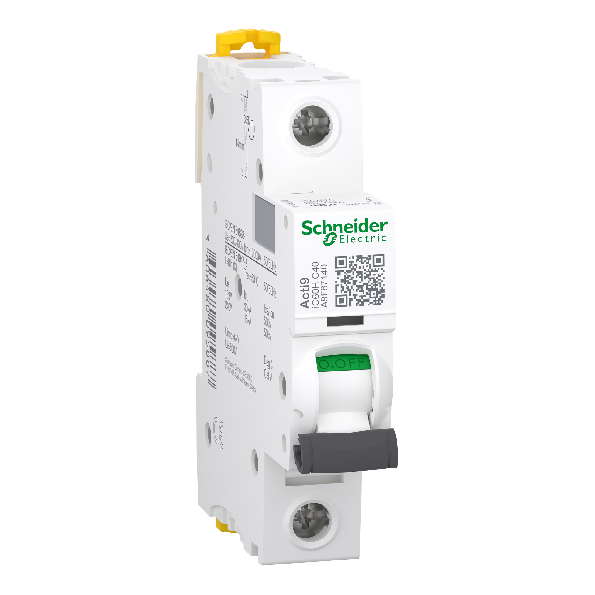 شنايدر إلكتريك Schneider A9F87140 Acti9 iC60H MCB قاطع أوتوماتيك, 1P 1 قطب, 40 أمبير, منحنى C, 15kA قدرة قطع | قاطع MCB أوتوماتيك