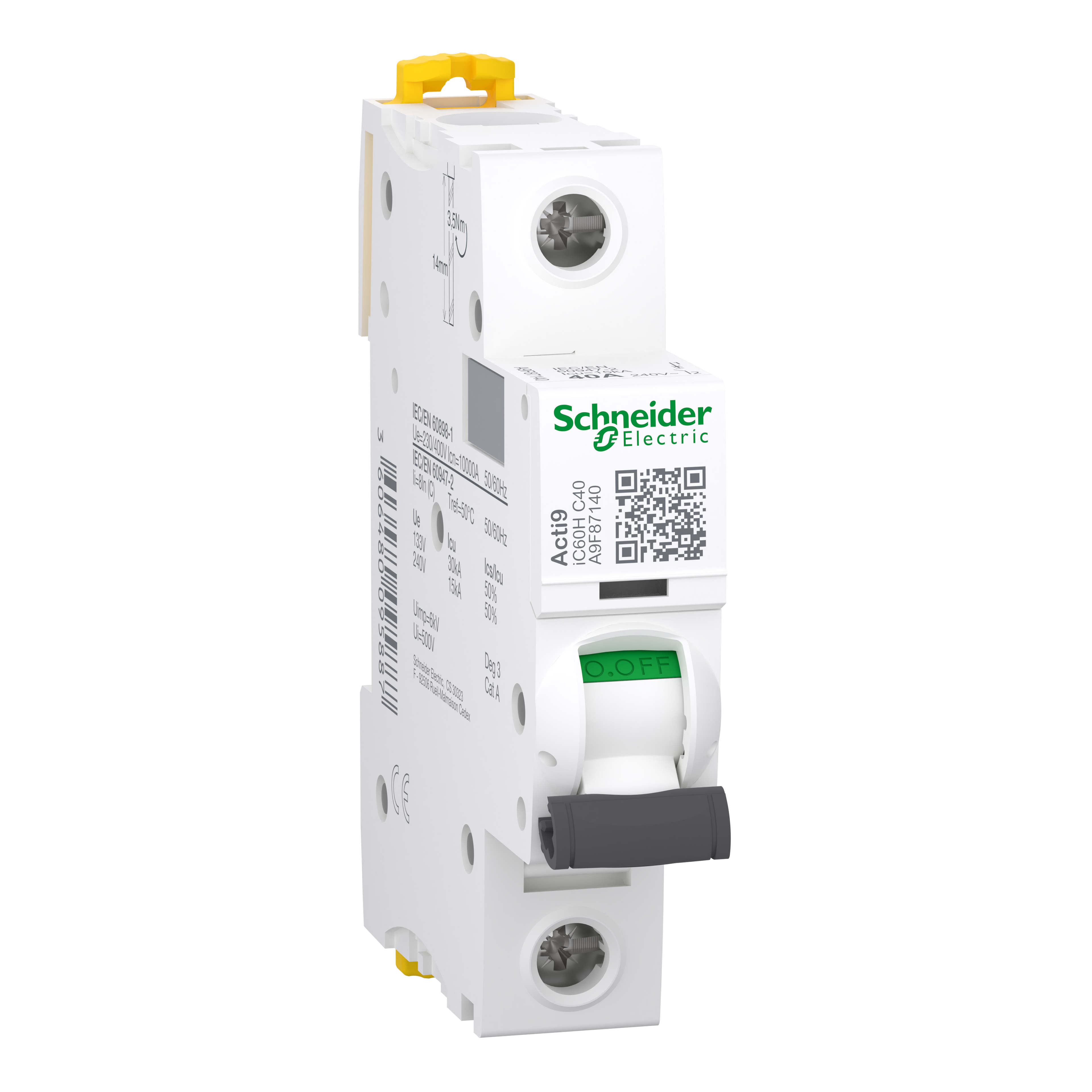 Schneider Electric A9F87140 Acti9 iC60H MCB, 1P, 40A, C Curve, 15kA | Miniature Circuit Breaker