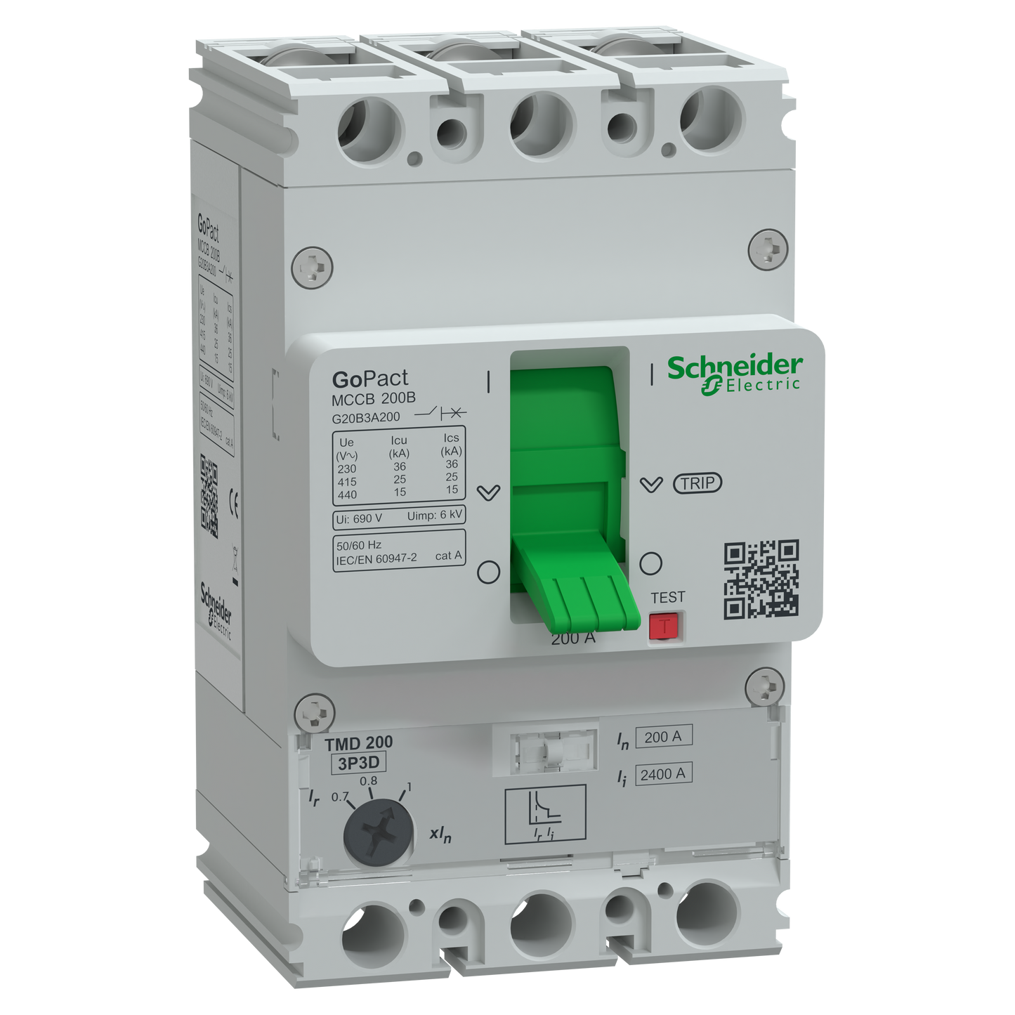 Schneider Electric G20B3A200 Circuit breaker, GoPact MCCB 200, 3 poles, 25kA at 415VAC, 200A rating, TMD trip unit, adjustable thermal protection | De
