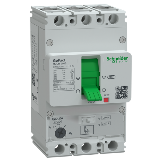 Schneider Electric G20B3A200 Circuit breaker, GoPact MCCB 200, 3 poles, 25kA at 415VAC, 200A rating, TMD trip unit, adjustable thermal protection | De